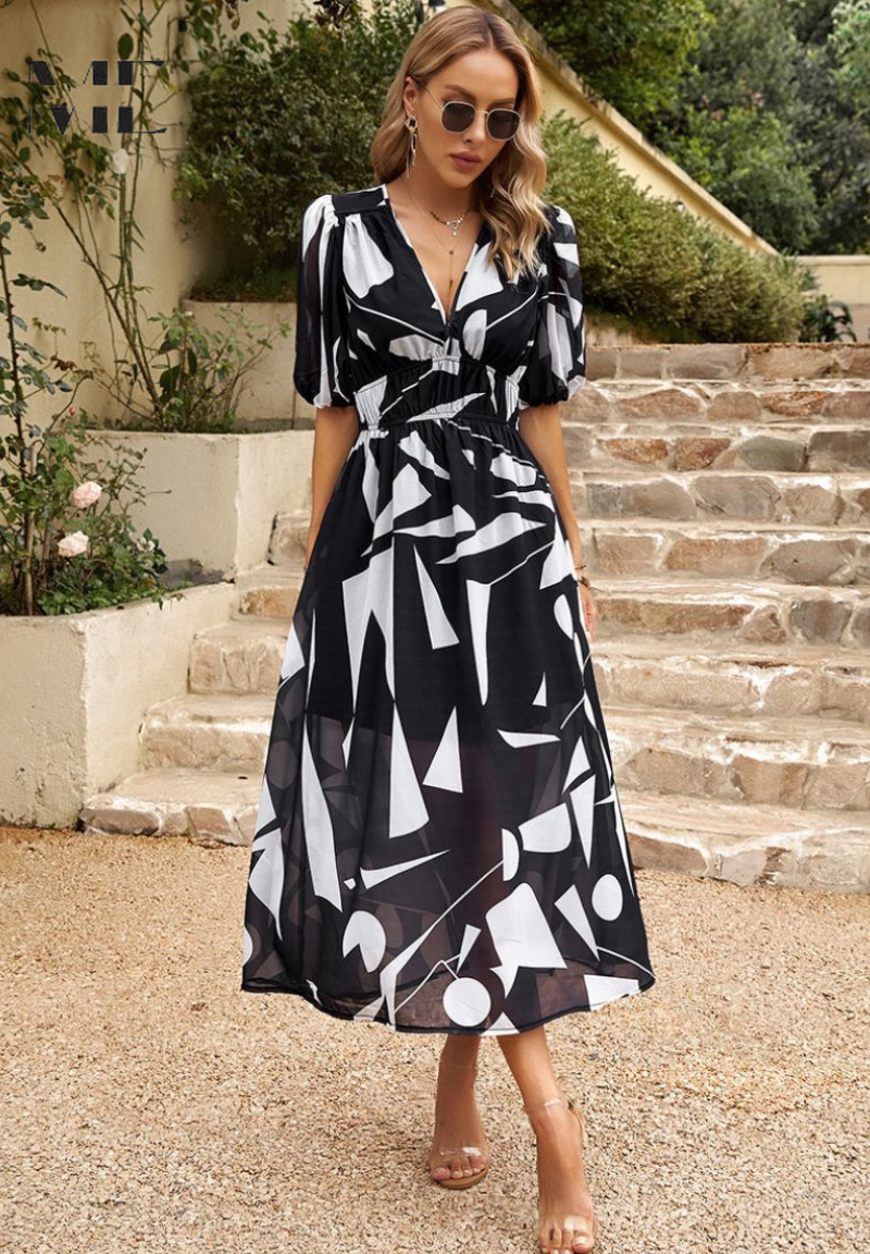 Abstract-Print Bohemian Midi Dress with V-Neck and Tie Waist