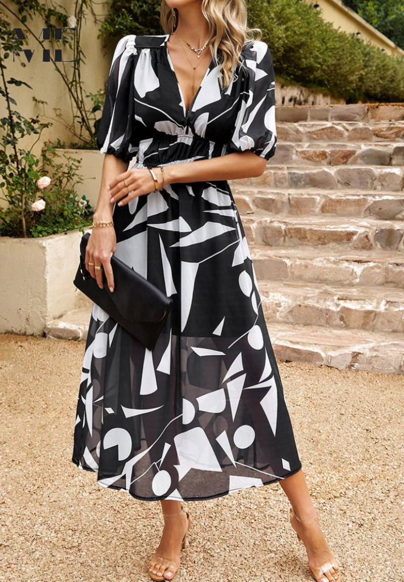 Abstract-Print Bohemian Midi Dress with V-Neck and Tie Waist