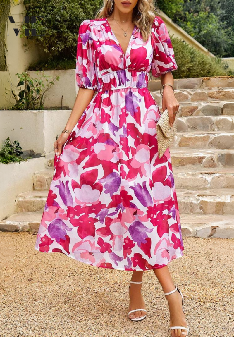 Abstract-Print Bohemian Midi Dress with V-Neck and Tie Waist