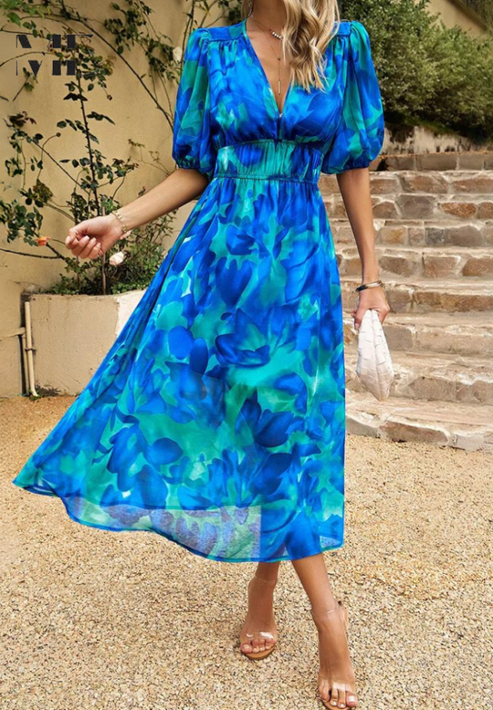 Abstract-Print Bohemian Midi Dress with V-Neck and Tie Waist