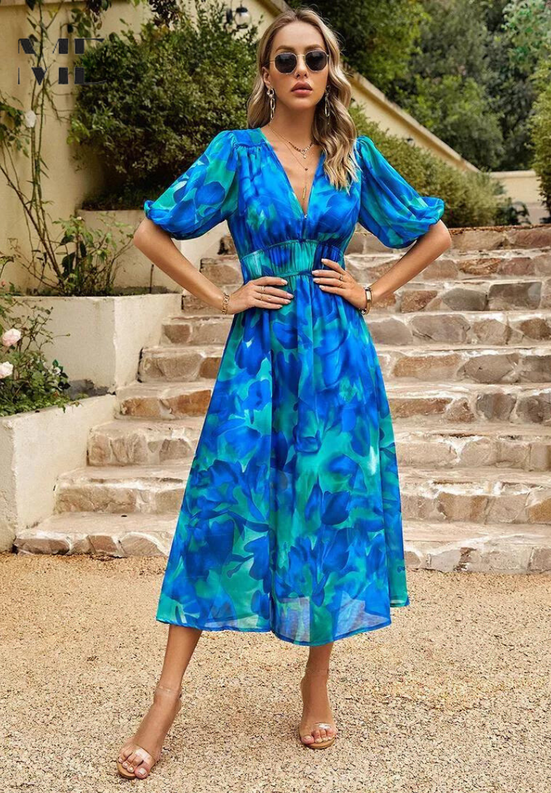 Abstract-Print Bohemian Midi Dress with V-Neck and Tie Waist