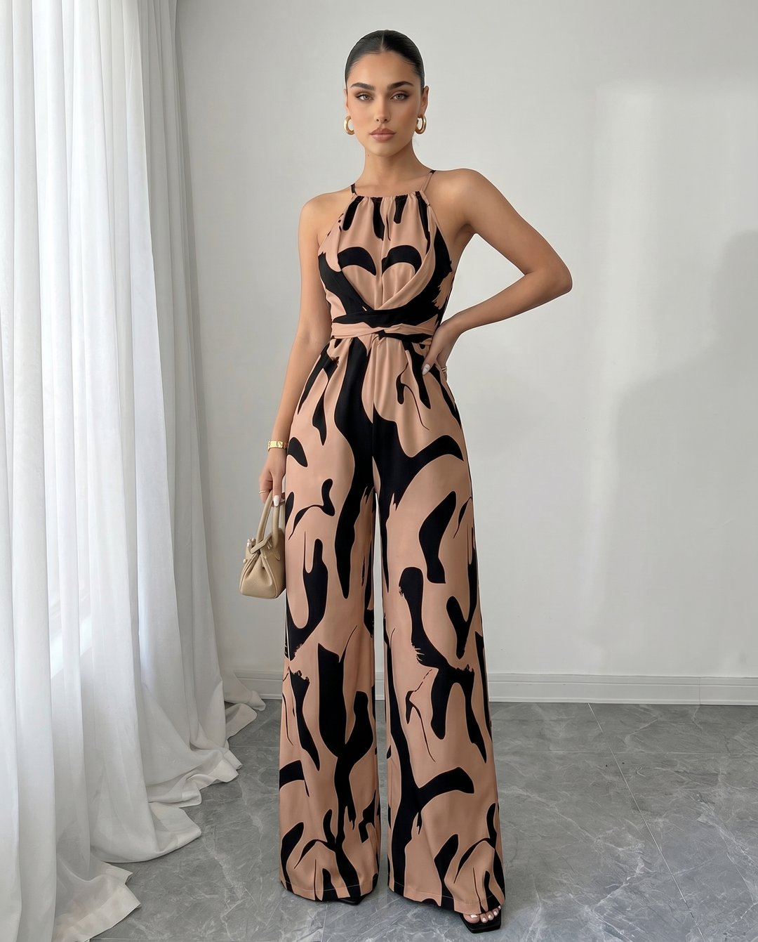 Abstract-Print Halter Jumpsuit – Twist Front, Tie Waist and Wide Legs