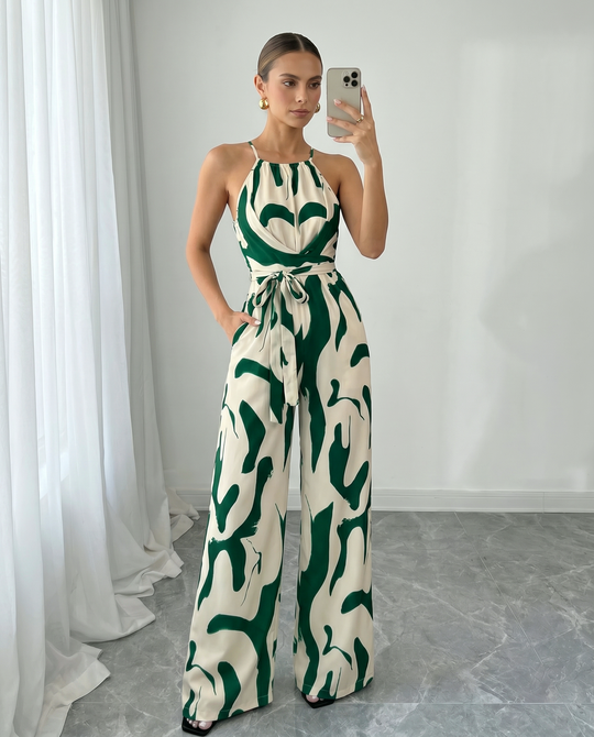 Abstract-Print Halter Jumpsuit – Twist Front, Tie Waist and Wide Legs