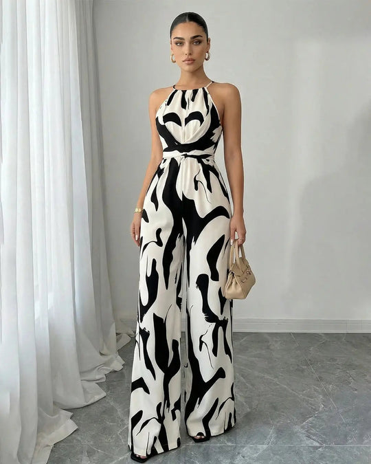 Abstract-Print Halter Jumpsuit – Twist Front, Tie Waist and Wide Legs