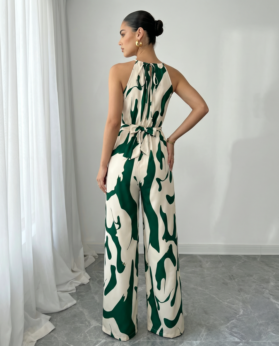 Abstract-Print Halter Jumpsuit – Twist Front, Tie Waist and Wide Legs