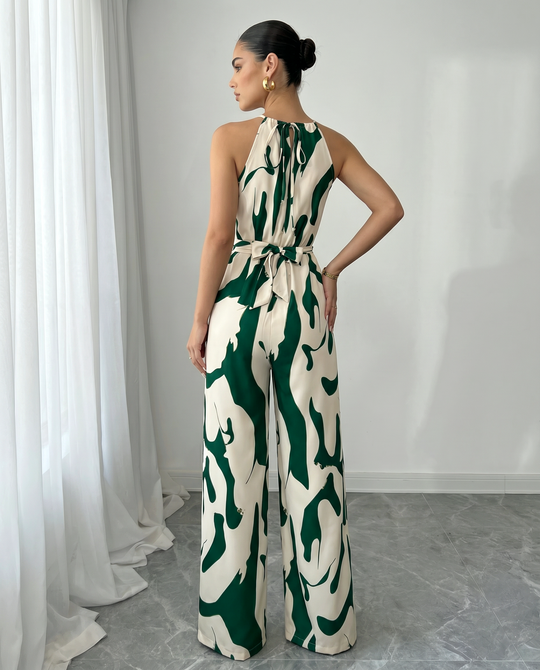 Abstract-Print Halter Jumpsuit – Twist Front, Tie Waist and Wide Legs