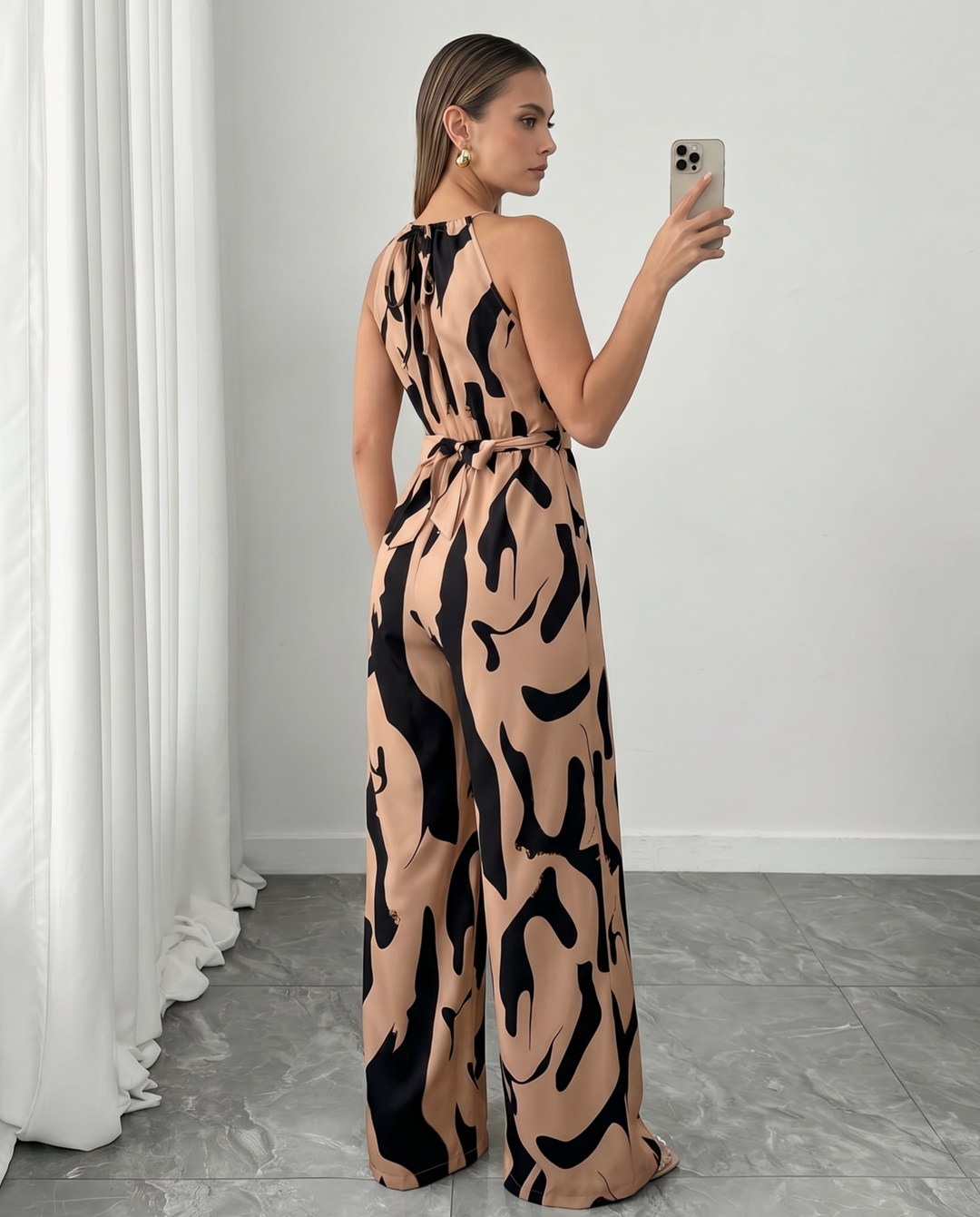 Abstract-Print Halter Jumpsuit – Twist Front, Tie Waist and Wide Legs