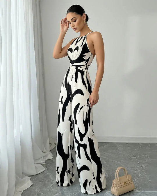 Abstract-Print Halter Jumpsuit – Twist Front, Tie Waist and Wide Legs