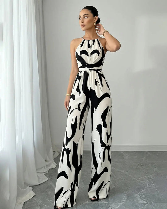Abstract-Print Halter Jumpsuit – Twist Front, Tie Waist and Wide Legs