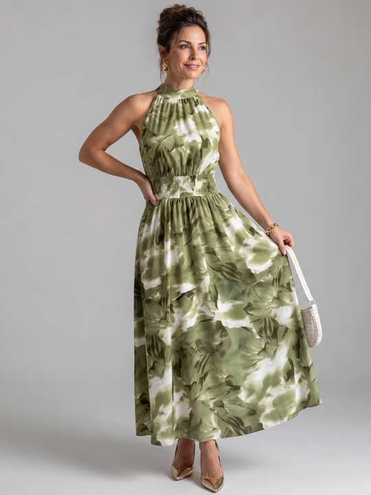 Abstract-Print Midi Dress with Ruched Waist