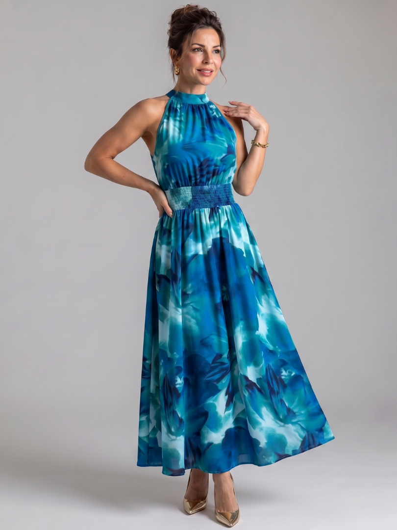 Abstract-Print Midi Dress with Ruched Waist