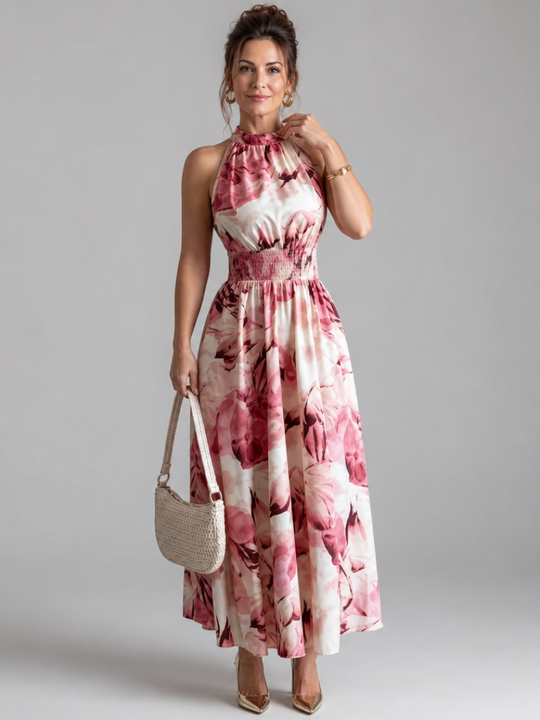 Abstract-Print Midi Dress with Ruched Waist