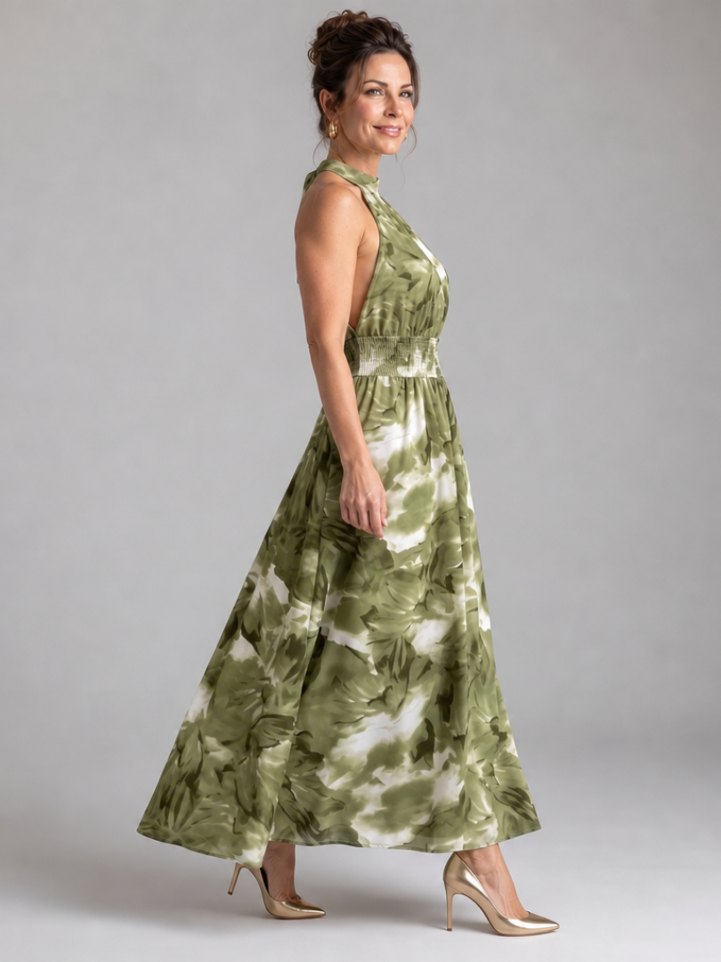 Abstract-Print Midi Dress with Ruched Waist