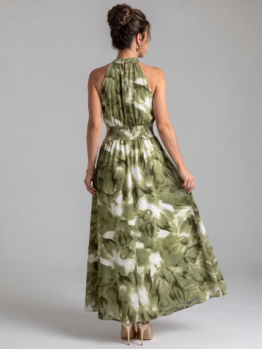 Abstract-Print Midi Dress with Ruched Waist