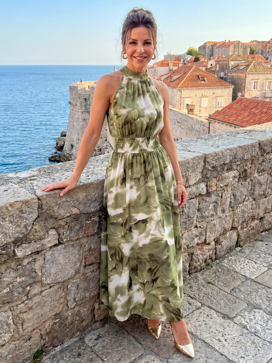 Abstract-Print Midi Dress with Ruched Waist