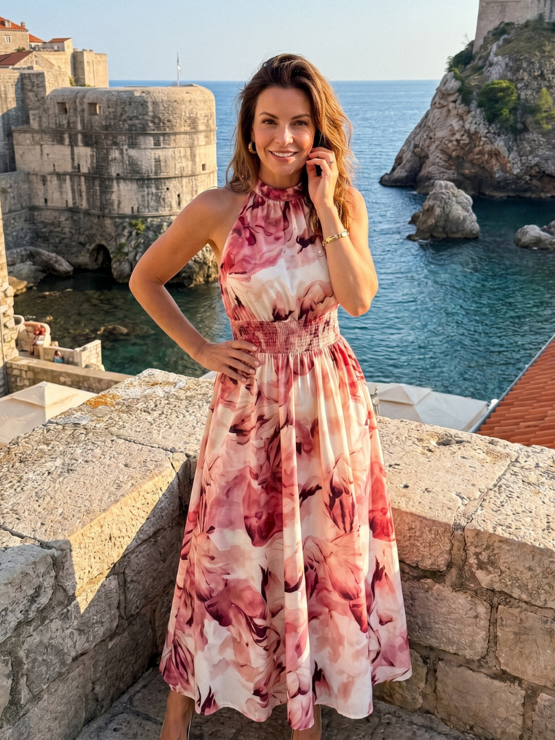 Abstract-Print Midi Dress with Ruched Waist