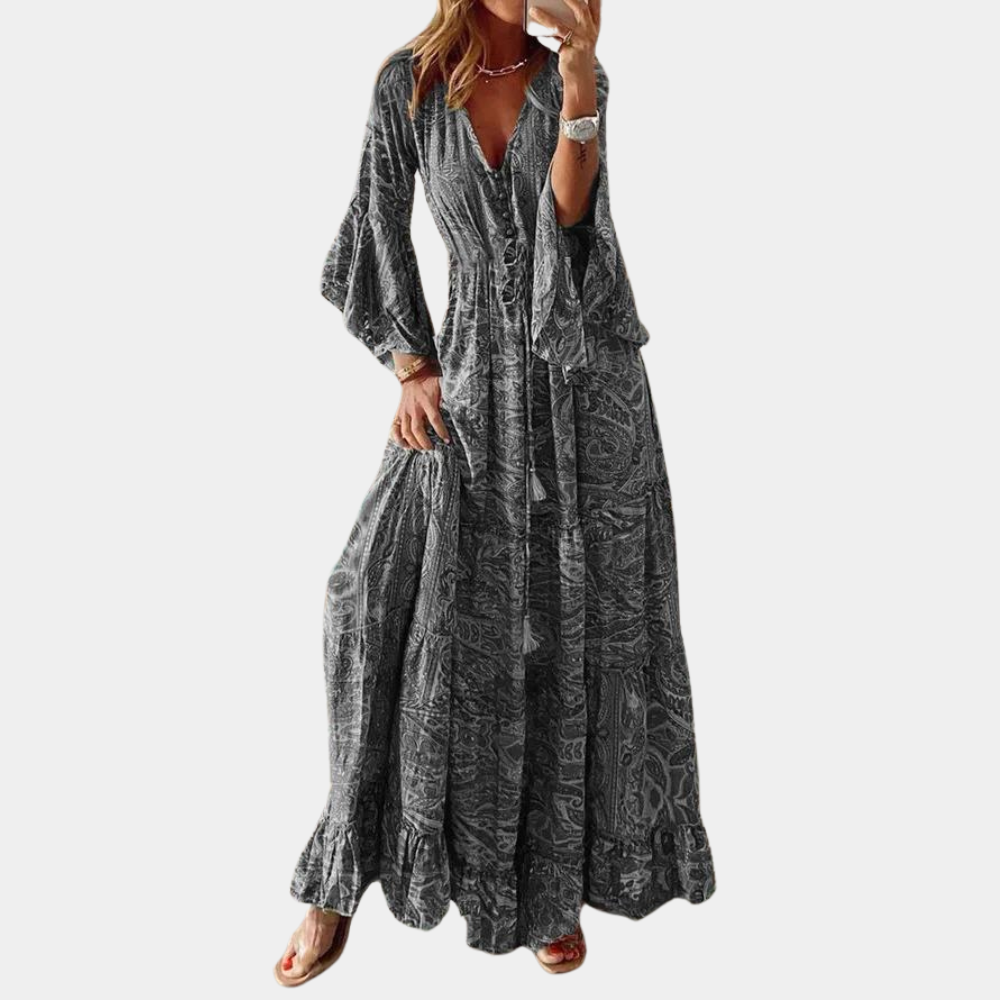 Agathe Women's Vintage Floral Maxi Dress – Long Bell Sleeves