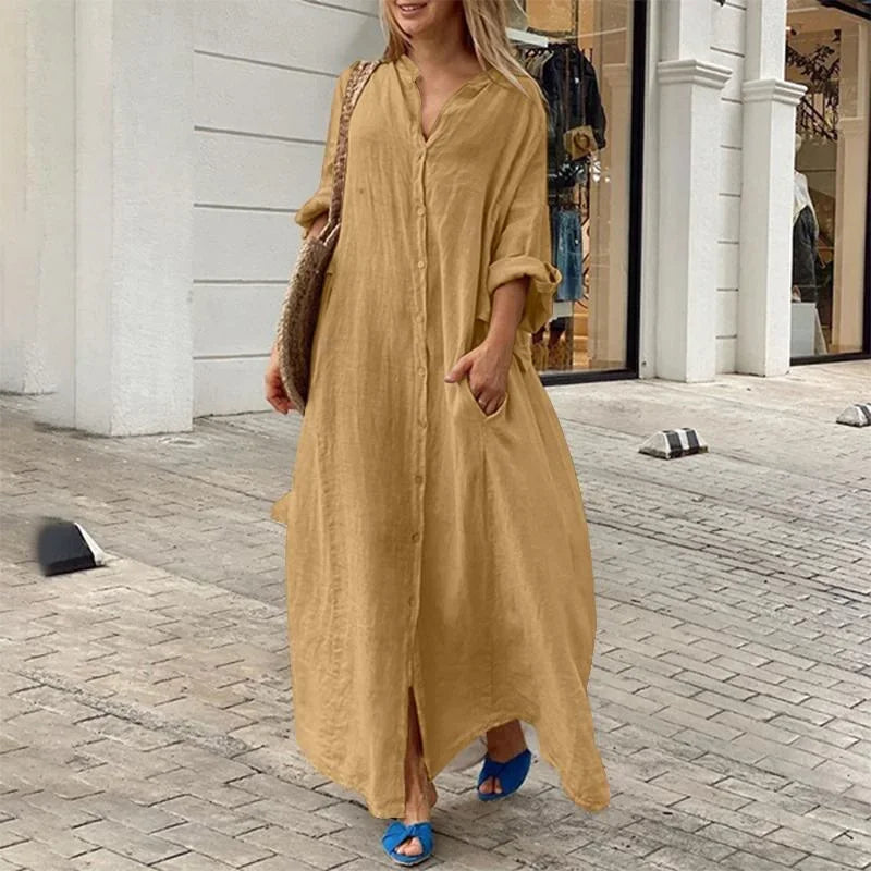 Alara Women's Navy Linen Shirt Dress – Long Oversized Button-Front Style