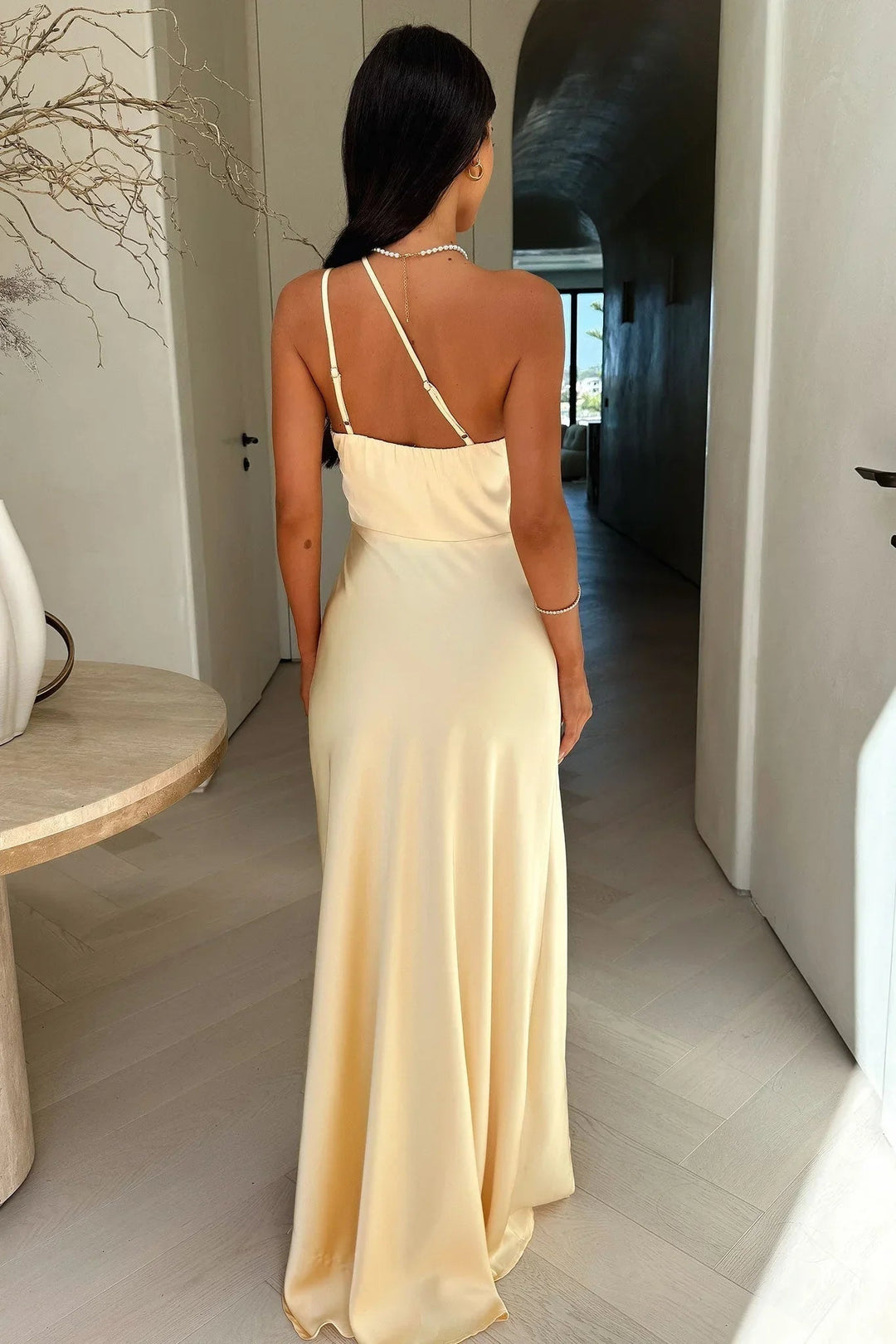 Beige Asymmetric Maxi Dress – Elegant Slit Occasion Style