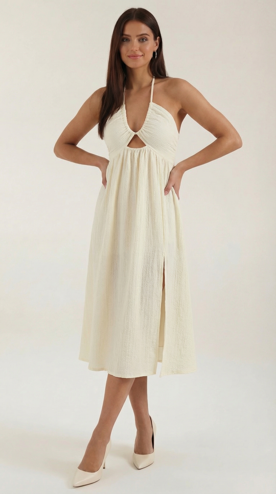 Beige Cut-Out Midi Dress with High Slit