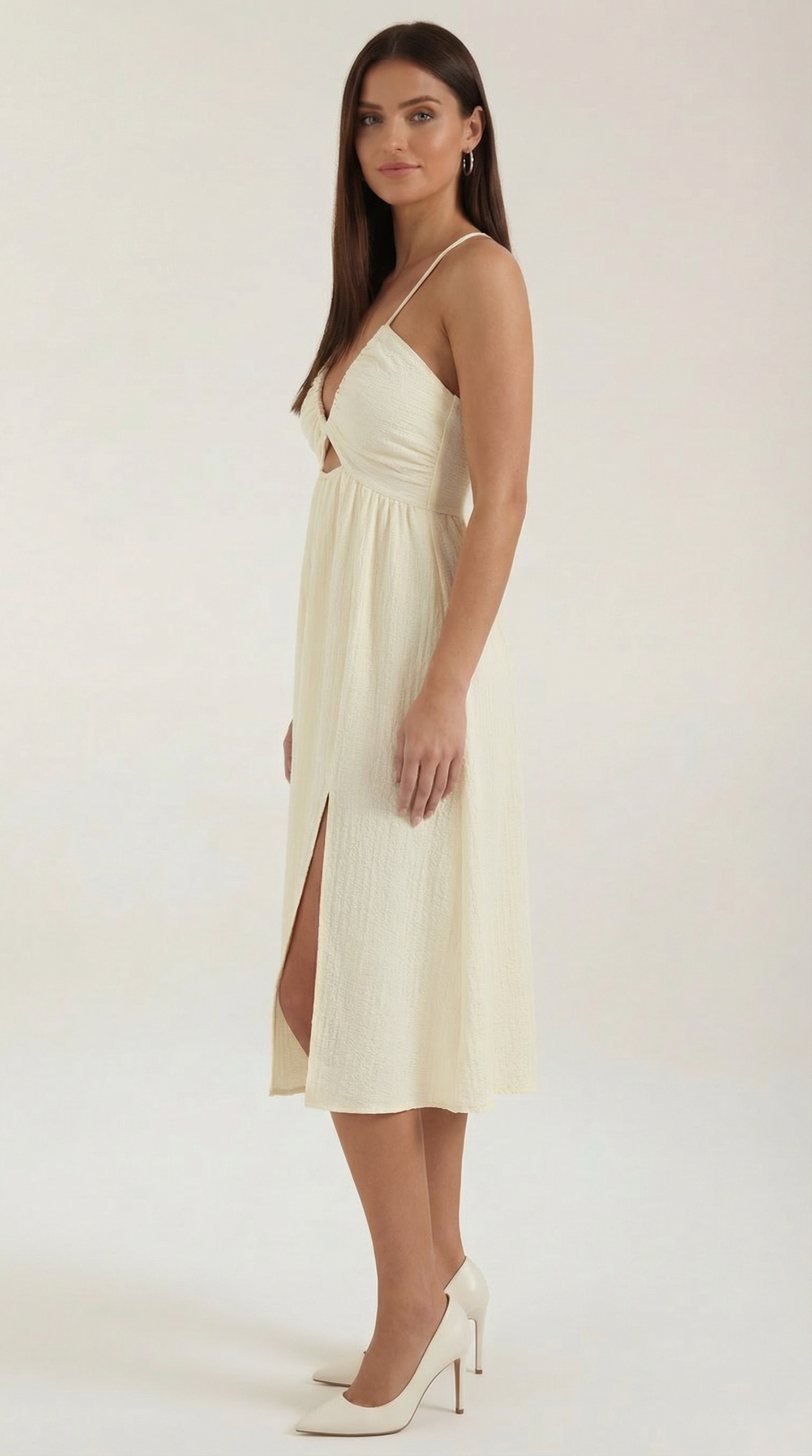 Beige Cut-Out Midi Dress with High Slit