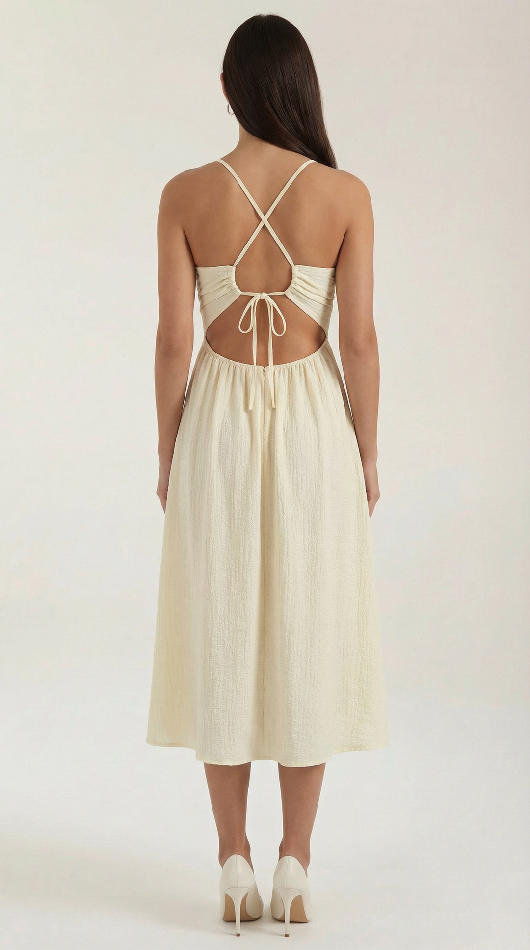 Beige Cut-Out Midi Dress with High Slit