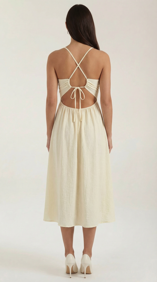 Beige Cut-Out Midi Dress with High Slit