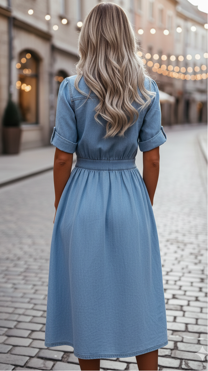Belted Blue Denim Midi Shirt Dress with Pockets