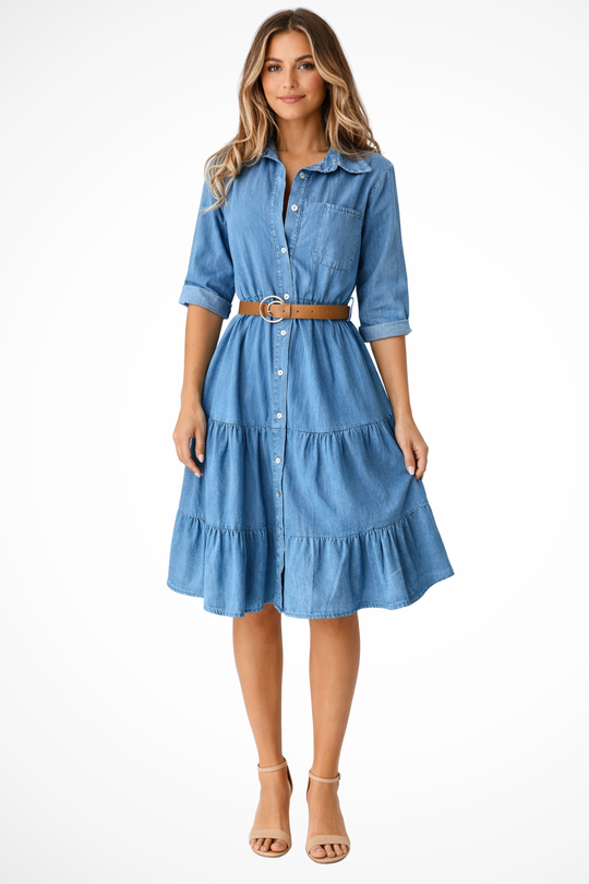 Belted Denim Midi Shirt Dress – Tiered Ruffle Skirt, XS–2XL