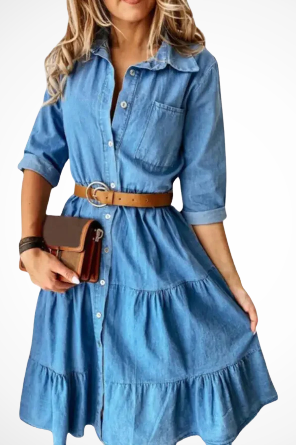 Belted Denim Midi Shirt Dress – Tiered Ruffle Skirt, XS–2XL