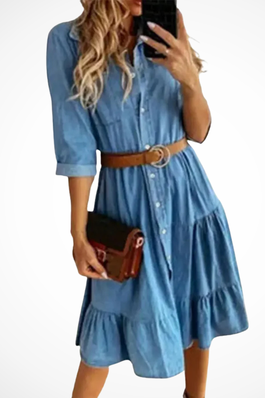 Belted Denim Midi Shirt Dress – Tiered Ruffle Skirt, XS–2XL