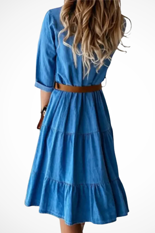Belted Denim Midi Shirt Dress – Tiered Ruffle Skirt, XS–2XL