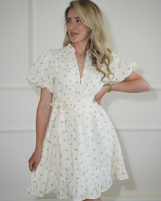 Belted Floral Midi Dress with Puff Sleeves