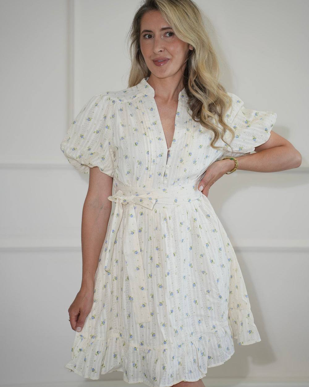 Belted Floral Midi Dress with Puff Sleeves