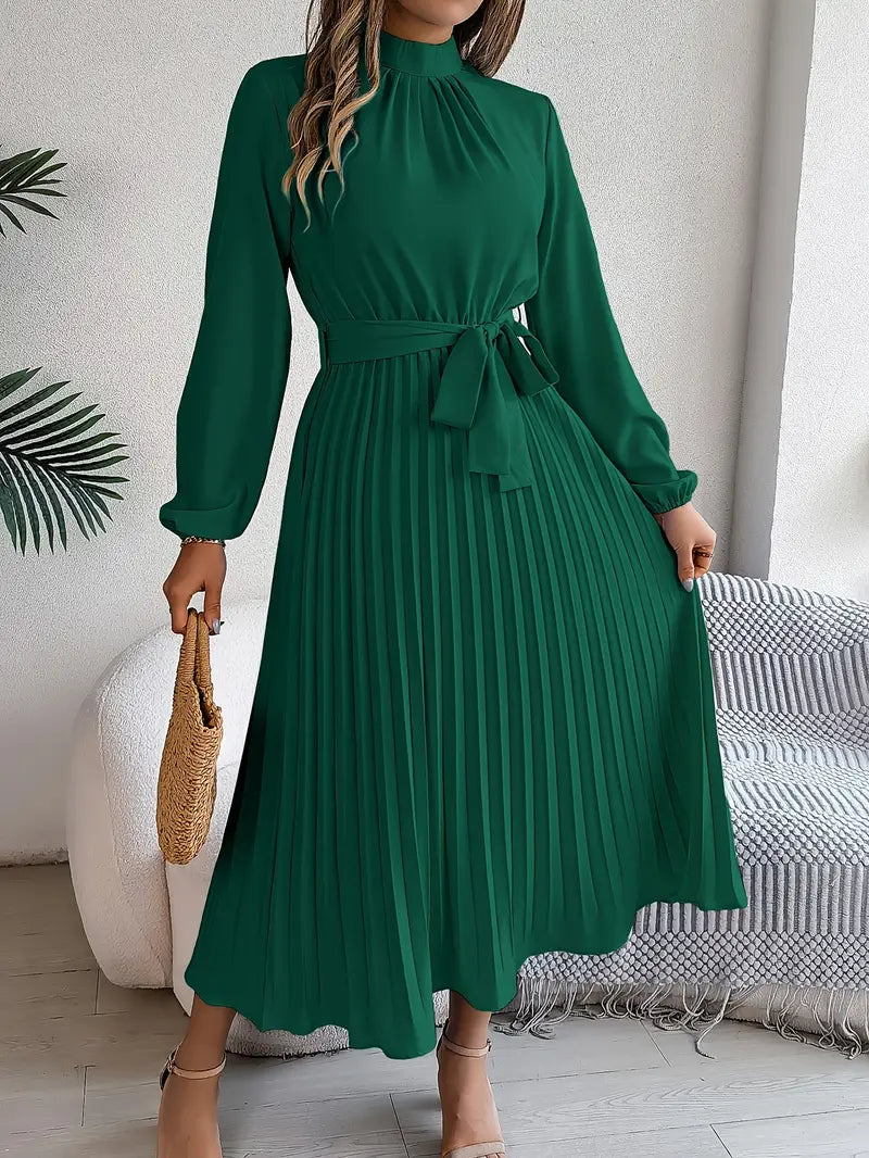 Belted Pleated A-Line Midi Dress with Long Sleeves
