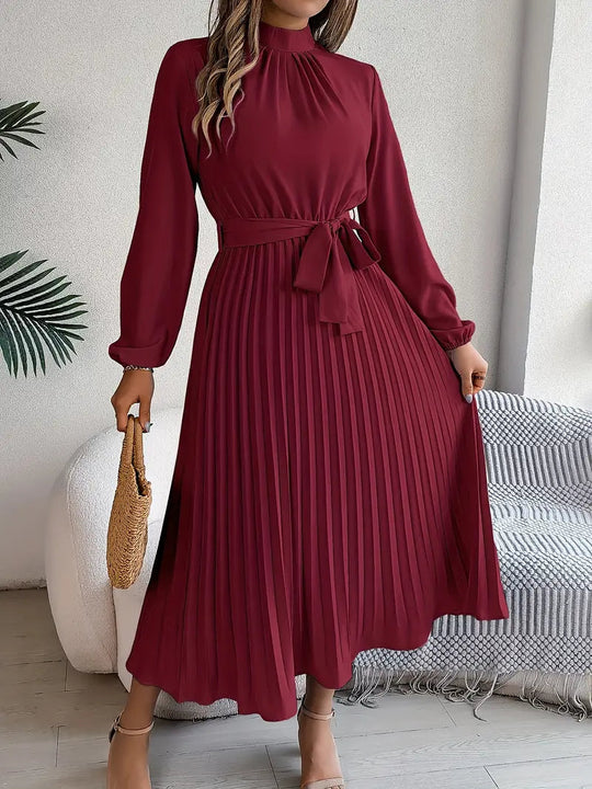 Belted Pleated A-Line Midi Dress with Long Sleeves
