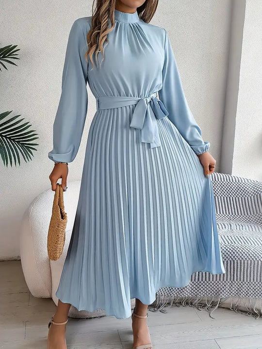Belted Pleated A-Line Midi Dress with Long Sleeves