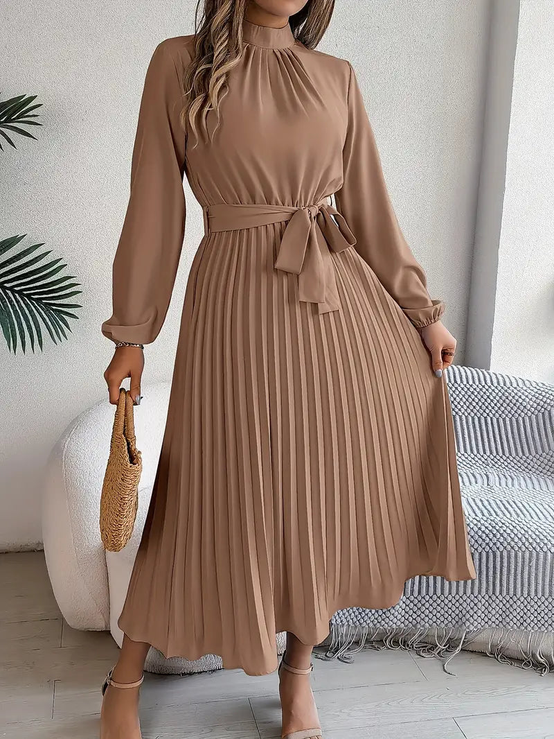Belted Pleated A-Line Midi Dress with Long Sleeves
