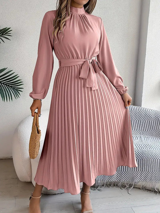 Belted Pleated A-Line Midi Dress with Long Sleeves