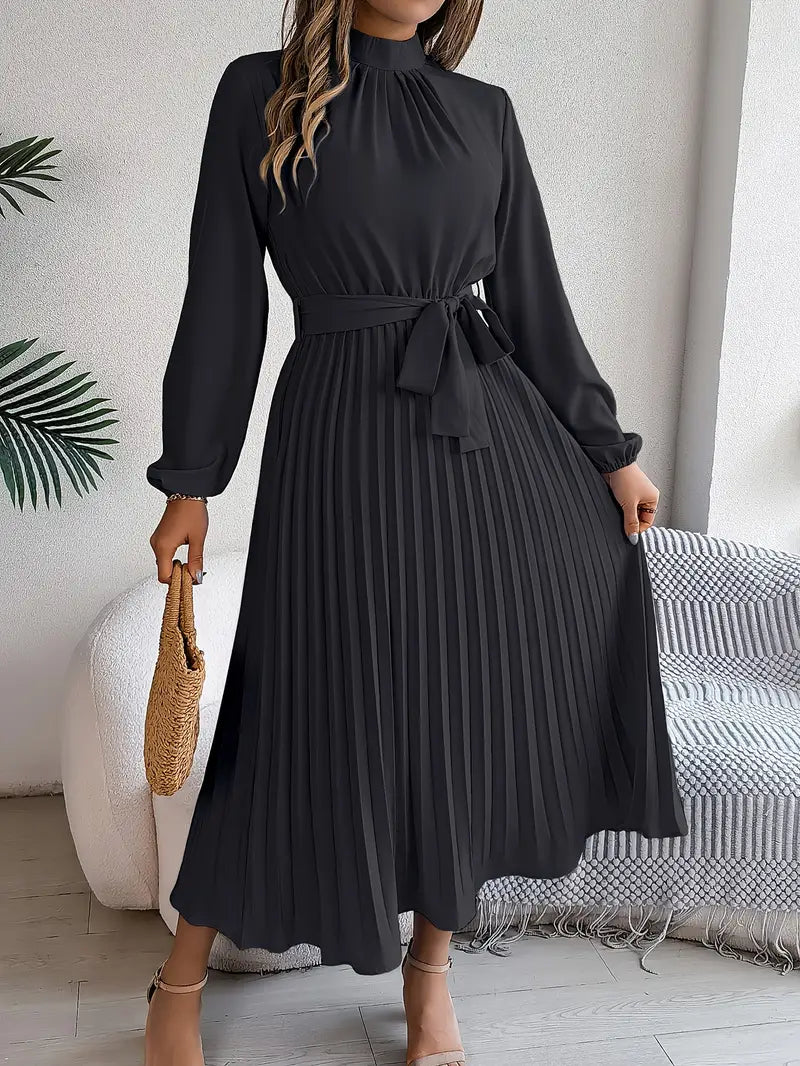 Belted Pleated A-Line Midi Dress with Long Sleeves