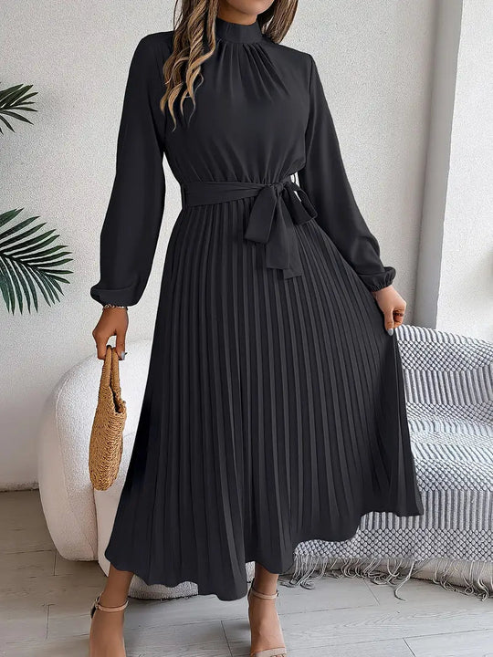 Belted Pleated A-Line Midi Dress with Long Sleeves