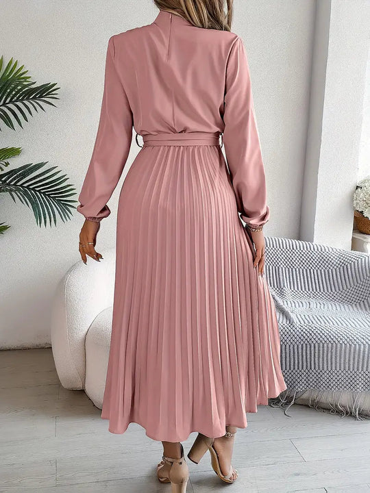 Belted Pleated A-Line Midi Dress with Long Sleeves