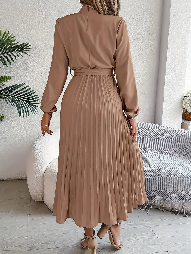 Belted Pleated A-Line Midi Dress with Long Sleeves