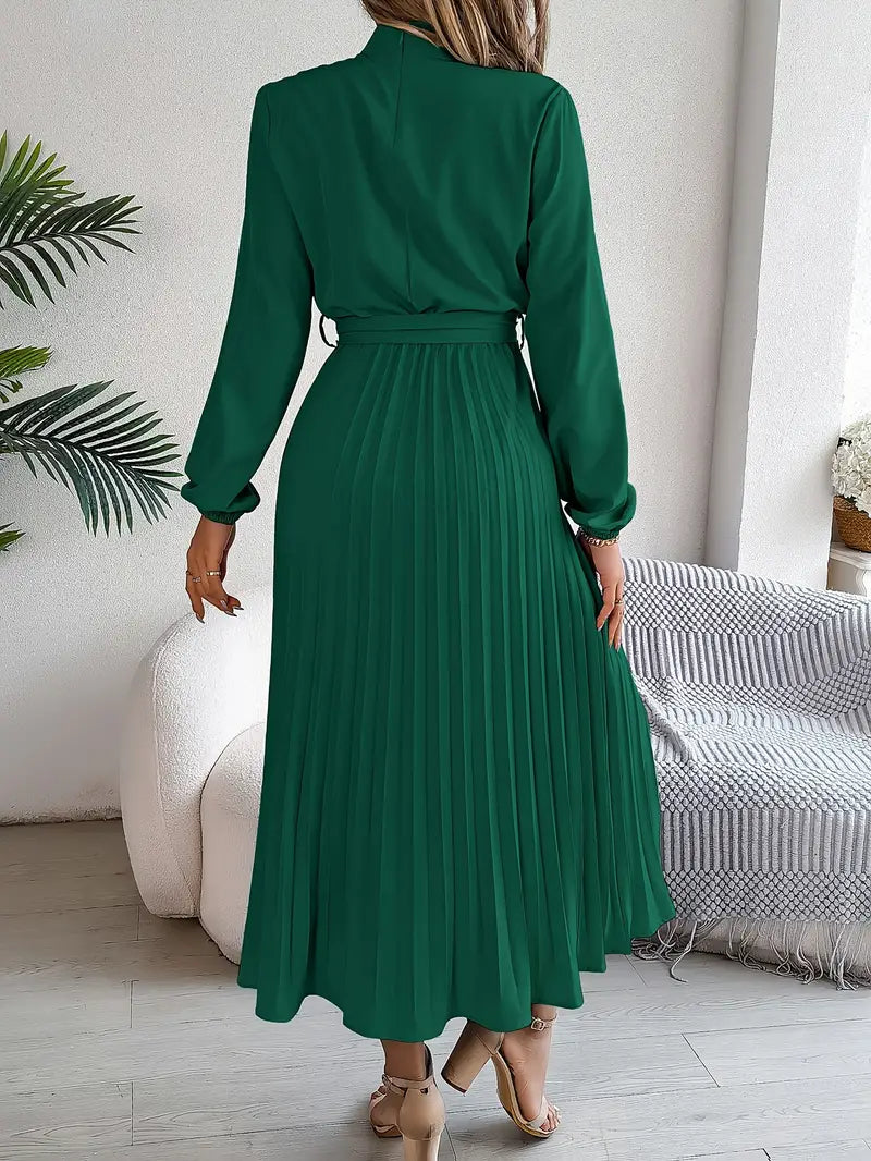 Belted Pleated A-Line Midi Dress with Long Sleeves