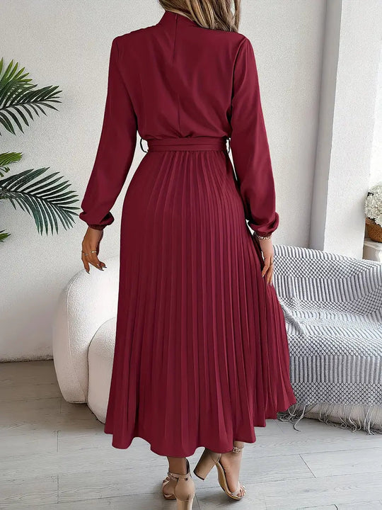 Belted Pleated A-Line Midi Dress with Long Sleeves