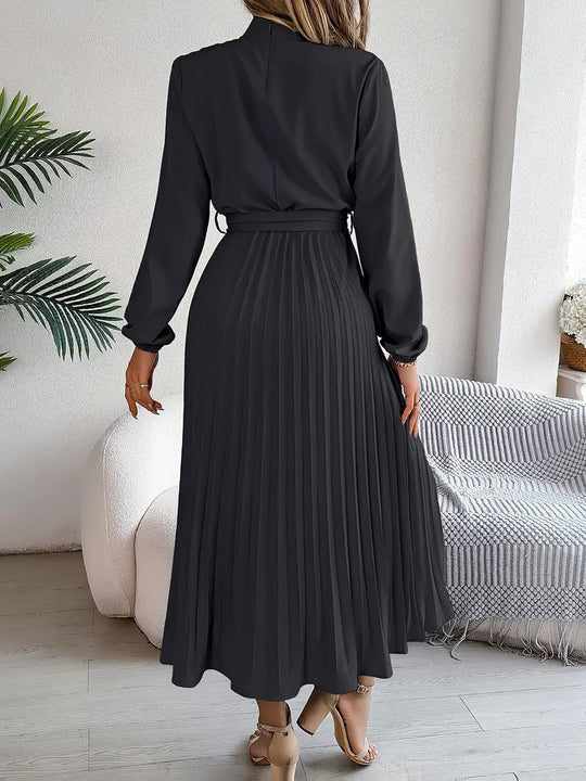 Belted Pleated A-Line Midi Dress with Long Sleeves