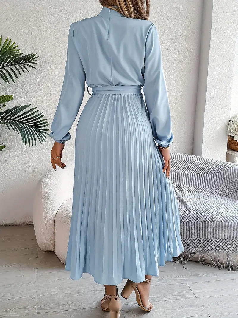 Belted Pleated A-Line Midi Dress with Long Sleeves