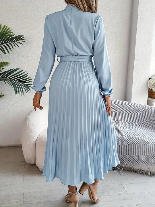 Belted Pleated A-Line Midi Dress with Long Sleeves