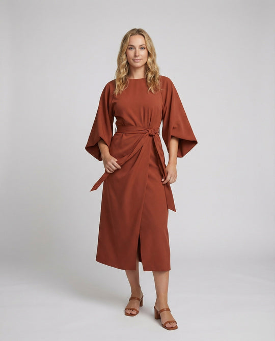 Belted Wrap Midi Dress with Long Lantern Sleeves