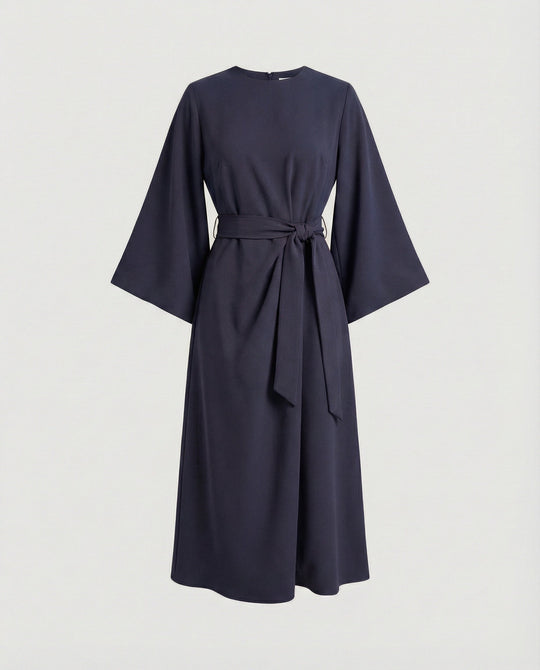 Belted Wrap Midi Dress with Long Lantern Sleeves